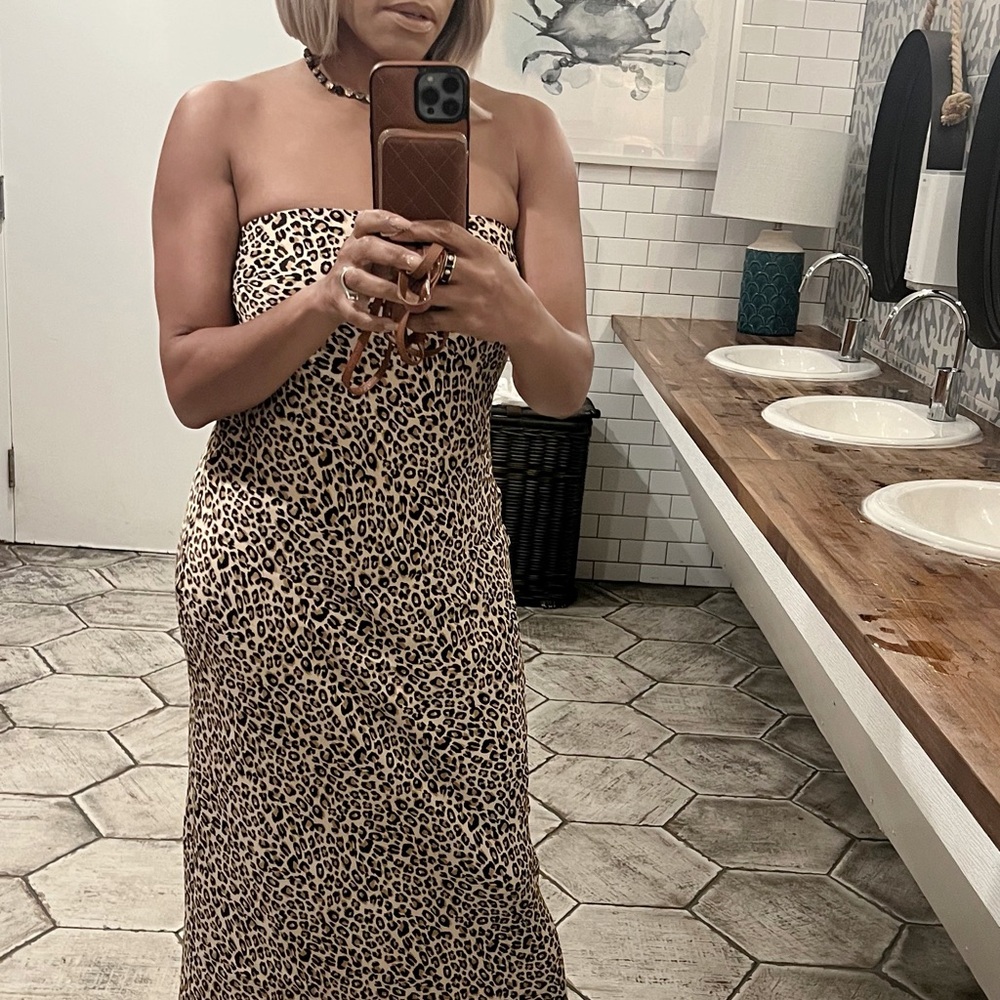 Anthropologie Strapless Leopard-Print Maxi Dress in Beige and Black